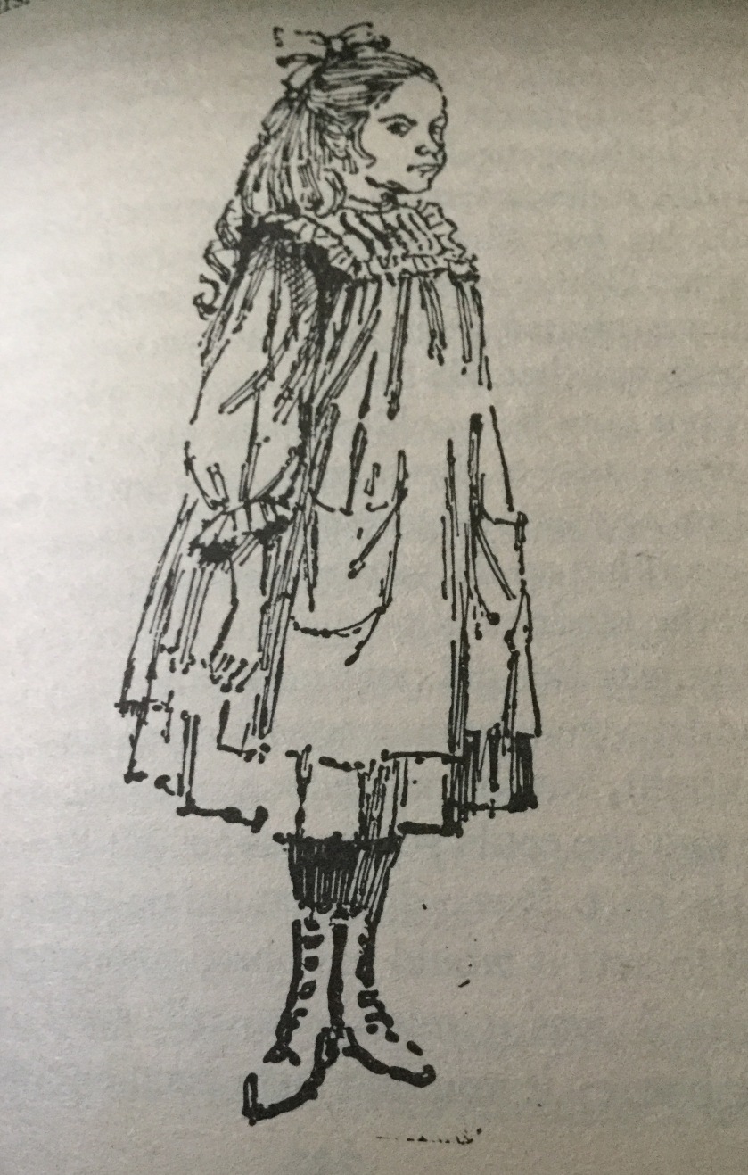 A black and white drawing of a child in clothes typical of the Edwardian period